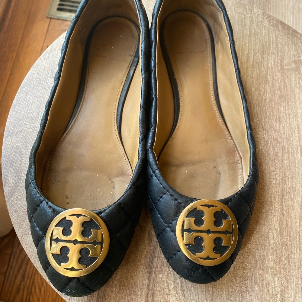 Tory Burch Black Quilted Flats with Gold Logo